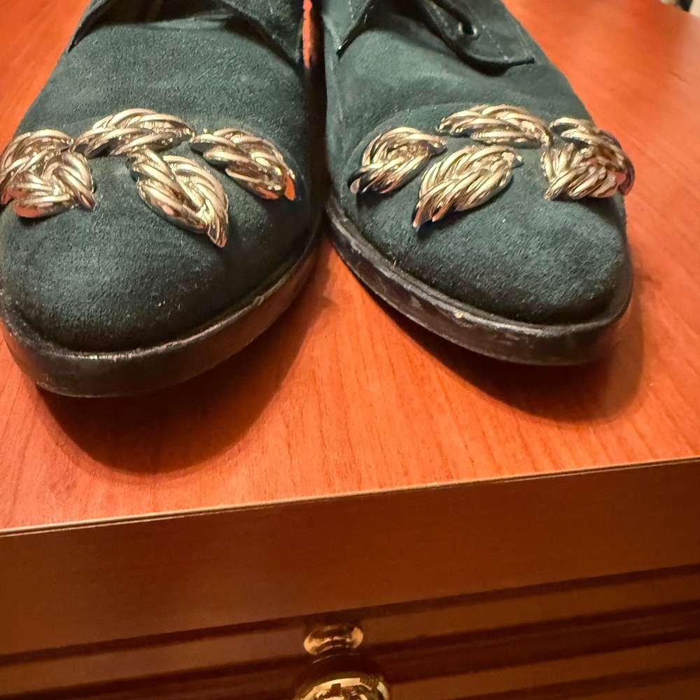 Women's Dark Green Suede Lace-Up Ankle Boots with Gold Leaf Accent - Picture 8 of 9